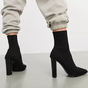 ASOS DESIGN Enhance Block Heel Sock Boots in Black Knit Size 7